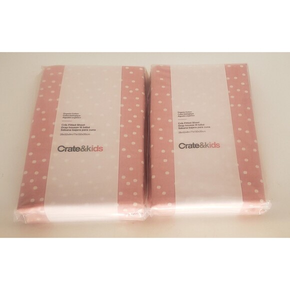 2 NEW Crate & Kids Organic Cotton Pink Bijou Polka Dot Fitted Crib Sheets Barrel